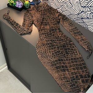 Fashion Nova Brown Long Sleeve Crocodile Print Dress